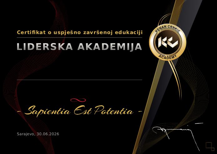 Certifikat o uspješno završenoj edukaciji — Liderska akademija, Kenan Crnkić Academy